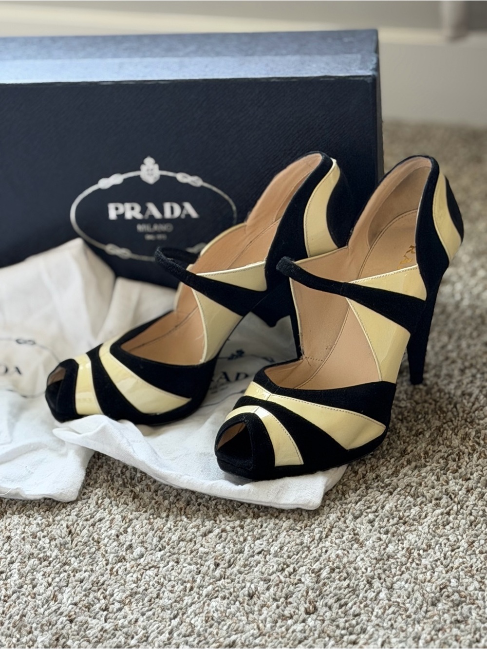 Prada Two-Tone Black and Cream Mary Jane Peep-Toe Heels Sz 40